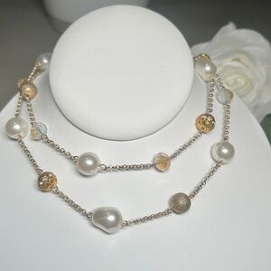 Distinguished Filigree Gold Crystal Beads, faux freshwater pearl station necklac